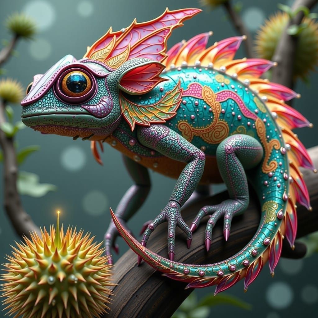 Whimsical Durian-Dragon Hybrid with Iridescent Scales and Th...