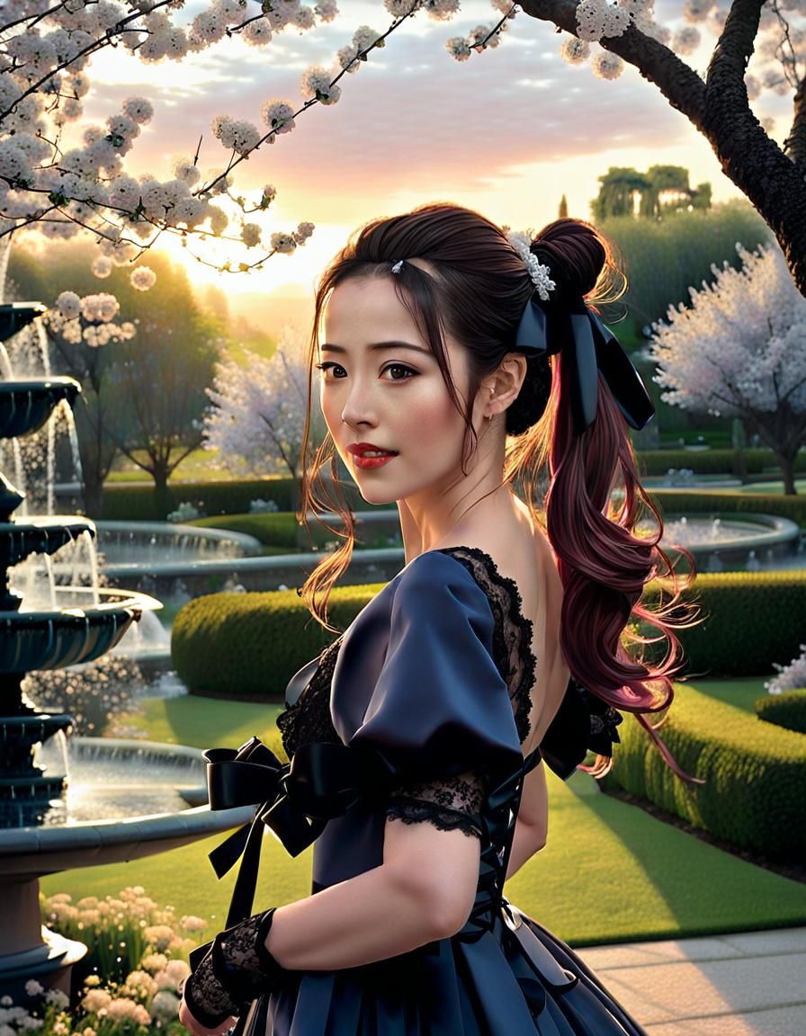 Korean Woman in Garden, Chiaroscuro Oil Painting