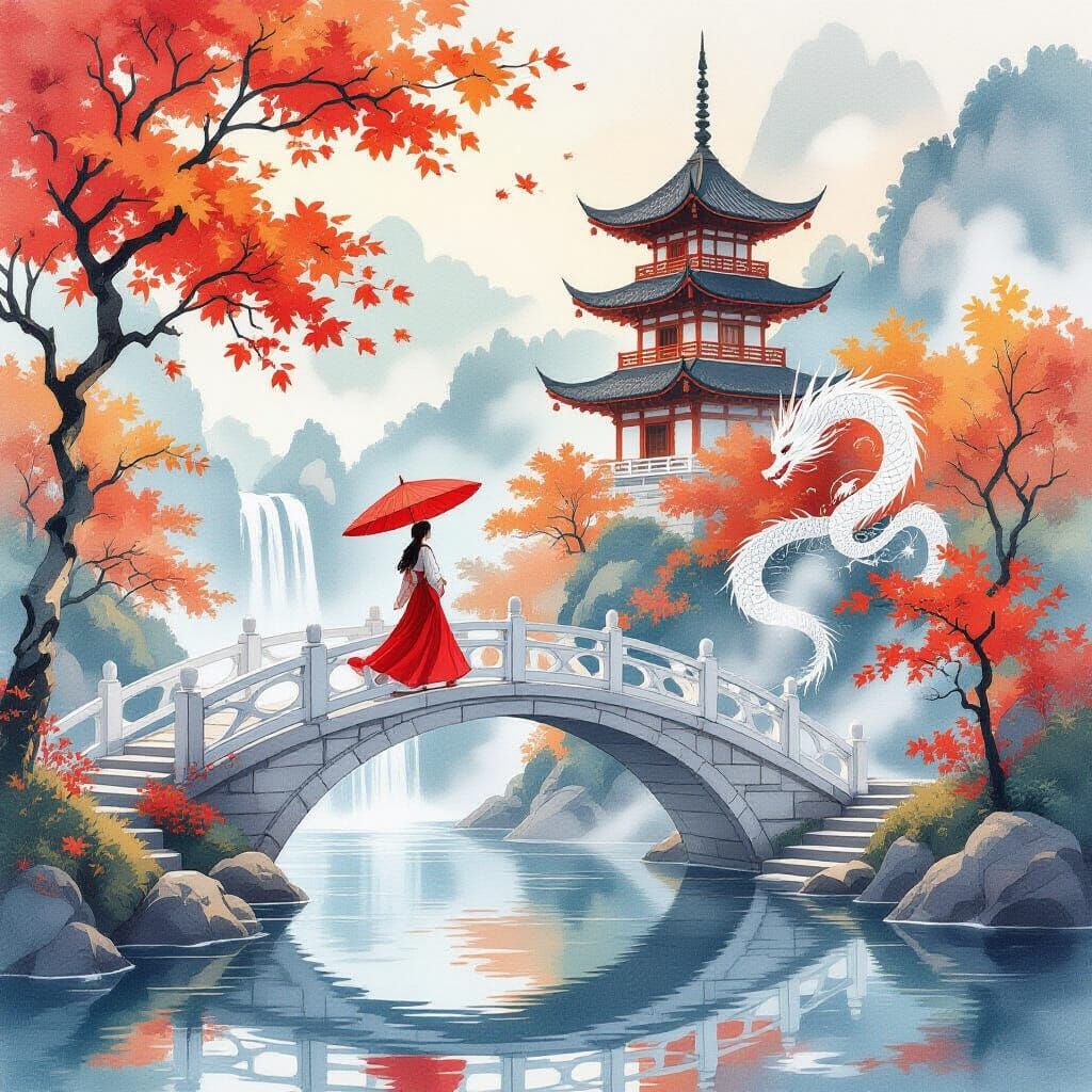 East Asian Scene: Woman on Bridge with Dragon in Autumn Mist