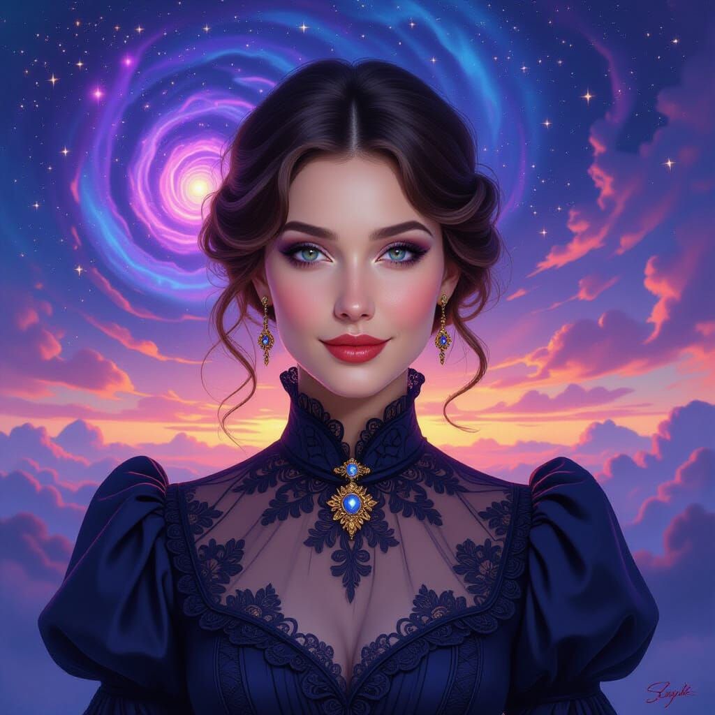 Hyperrealistic Woman's Cosmic Reflection in Victorian Gown