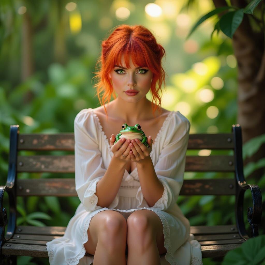 Woman with Fire Hair Cradles Frog in Garden