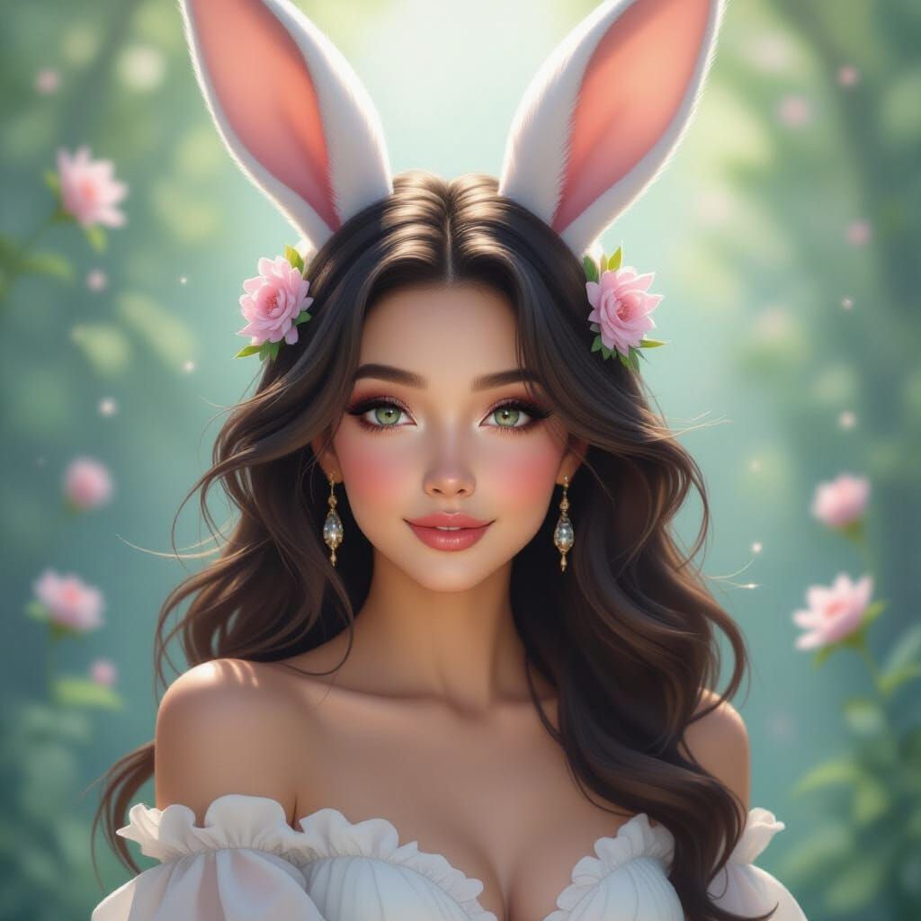 Enchanting Rabbit-Woman Hybrid in Dreamy Nature