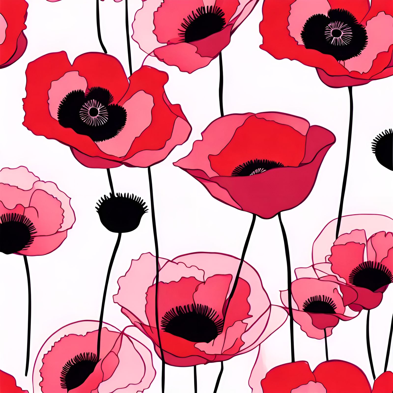 Marimekko Style Red and Pink Poppies