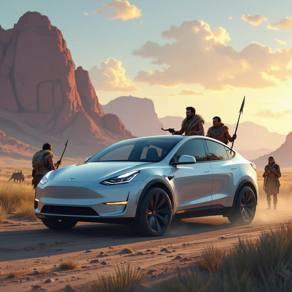 Prehistoric Humans Drive Tesla: A Futuristic Vision
