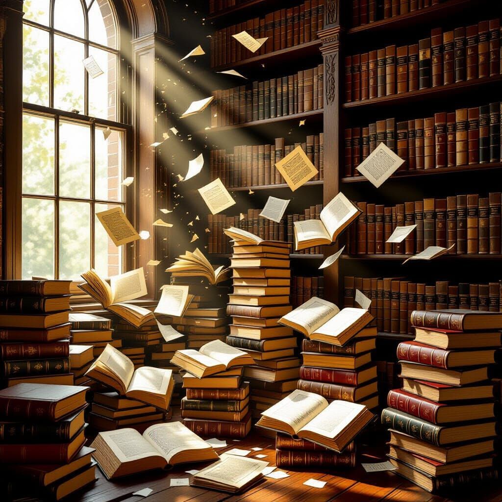 Magical Realism Bookshelf with Open Books and Golden Light