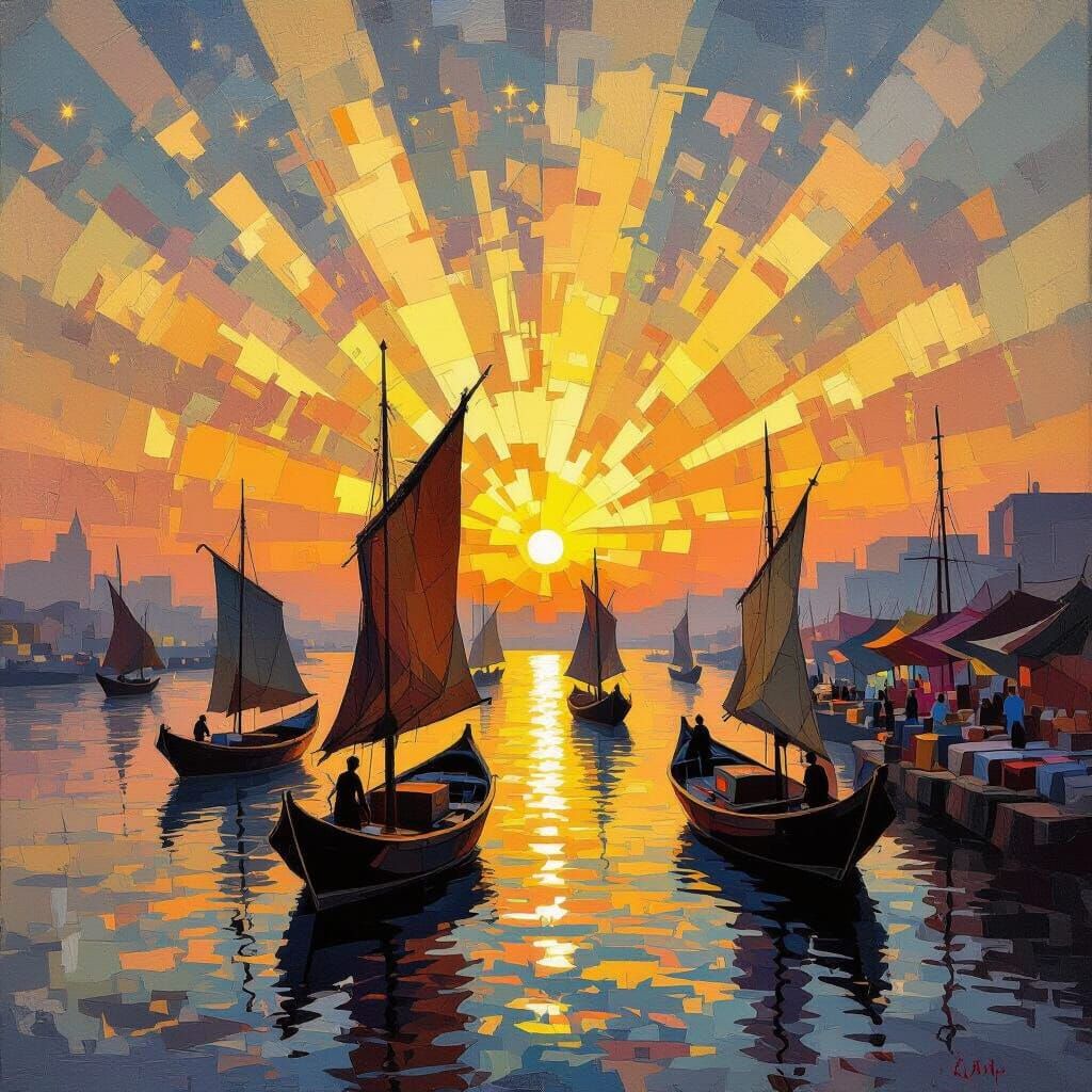 Silk Merchants' Boats at Dawn in Cubist Style