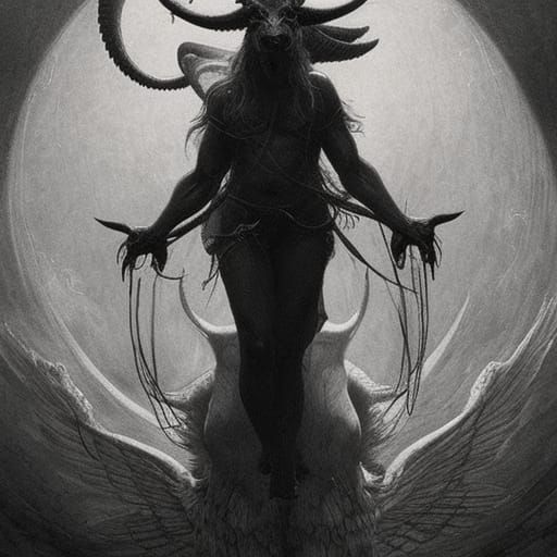 Woman Rides Baphomet in Horror Art Style