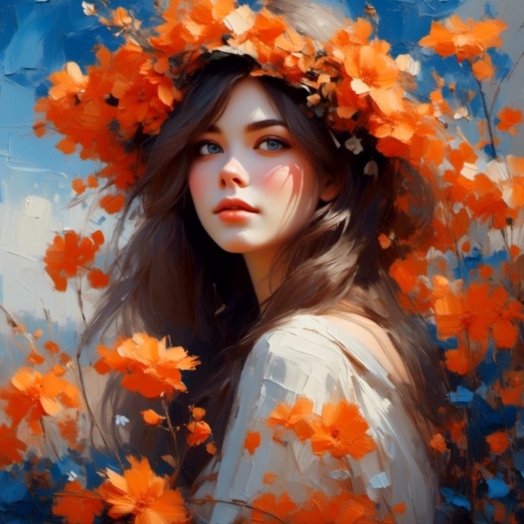 Young Woman Portrait with Orange Flowers, Beauty Strokes Lor...