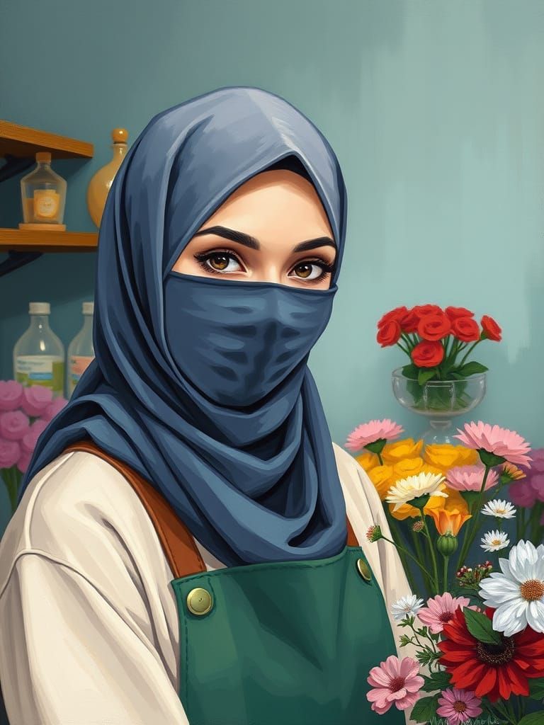 Minimalist Painting of a Niqabi Florist in Flower Shop