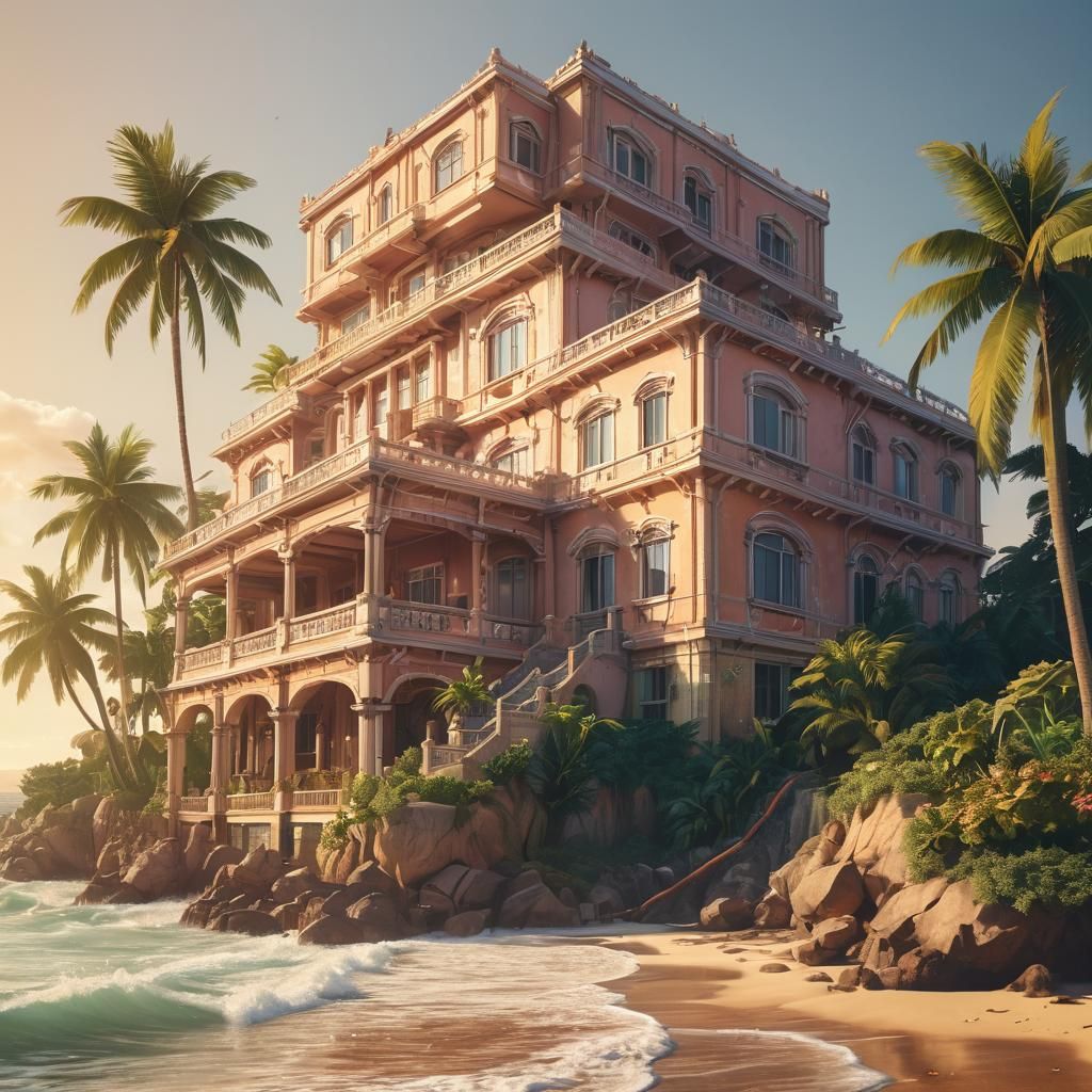 Exotic Shore Pixel Art Poster in Studio Ghibli Style