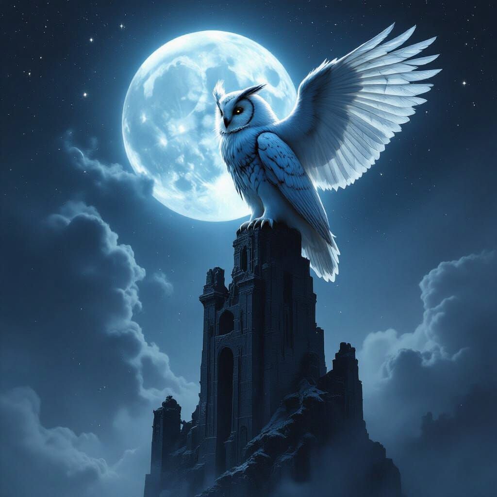 Ethereal Owl on Obsidian Tower in Cosmic Void