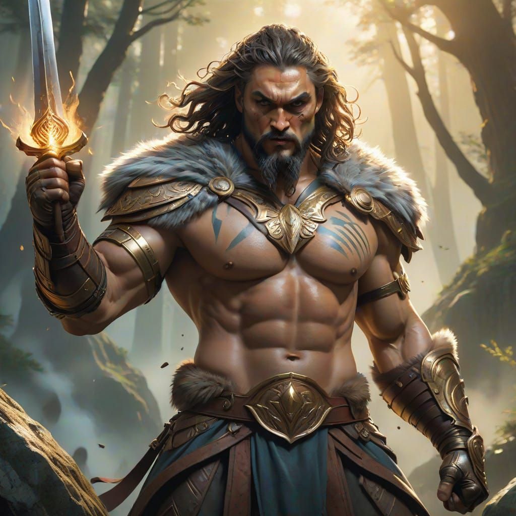 Heroic Baba Voss Leaps into Battle, Forest Cliff, 8k HDR