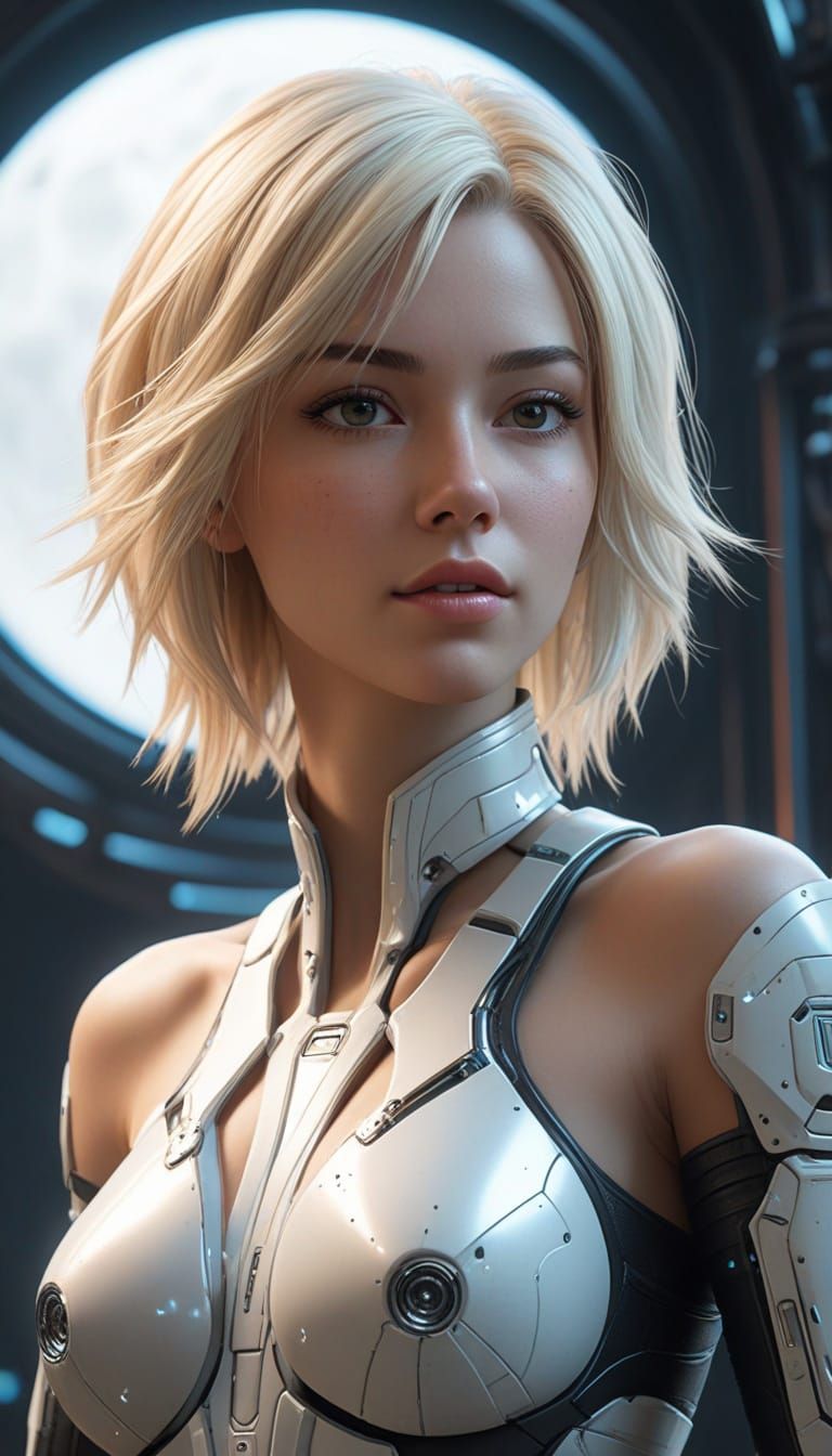 Surreal Cyberpunk Goddess with Cosmic Cybernetic Arm