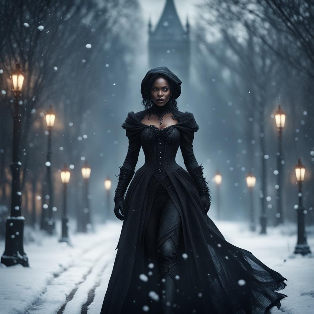 Gothic Lady in Snowfall: Detailed Matte Painting