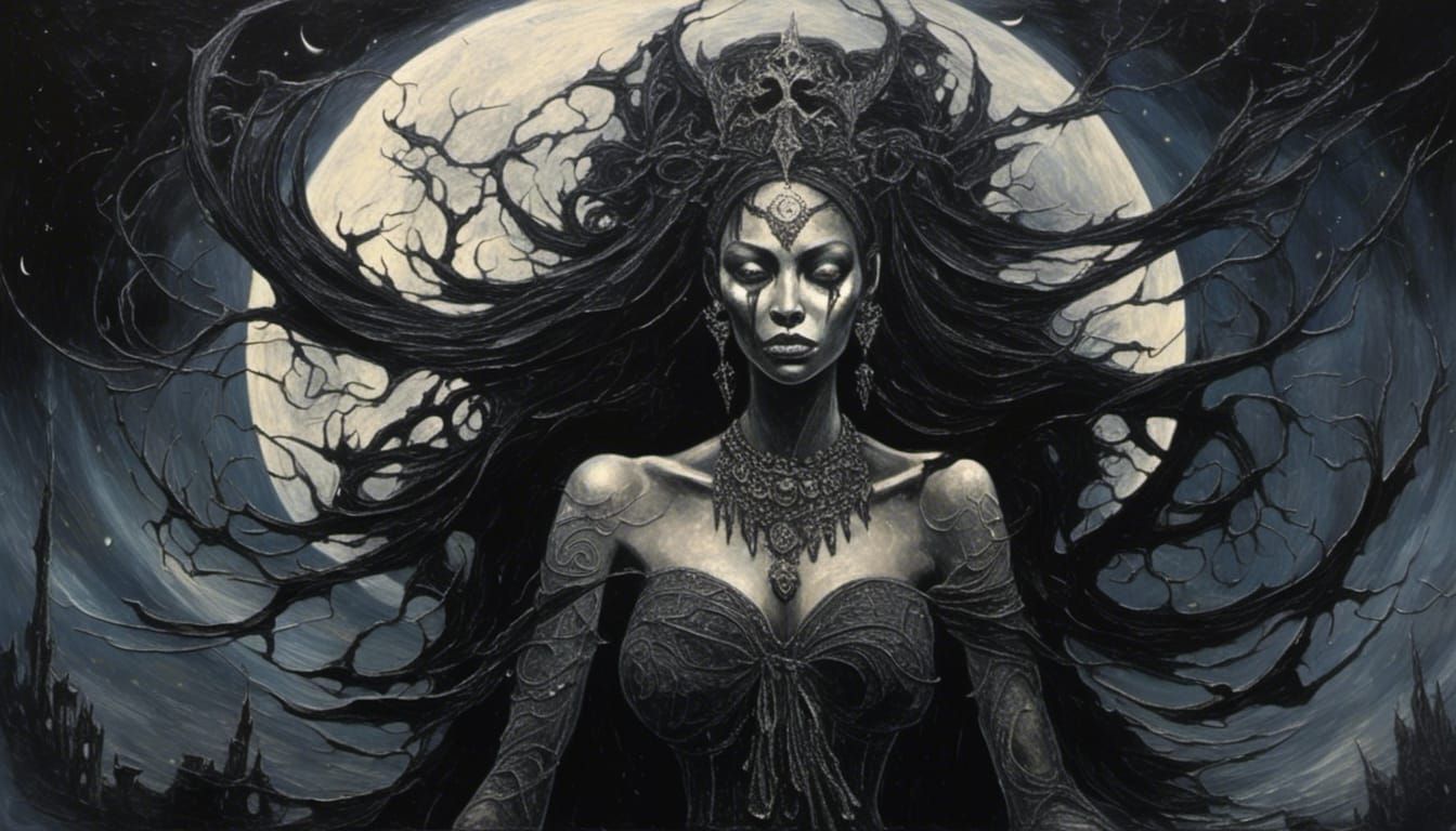Eerie Black Magic Woman in Dark Fantasy Style