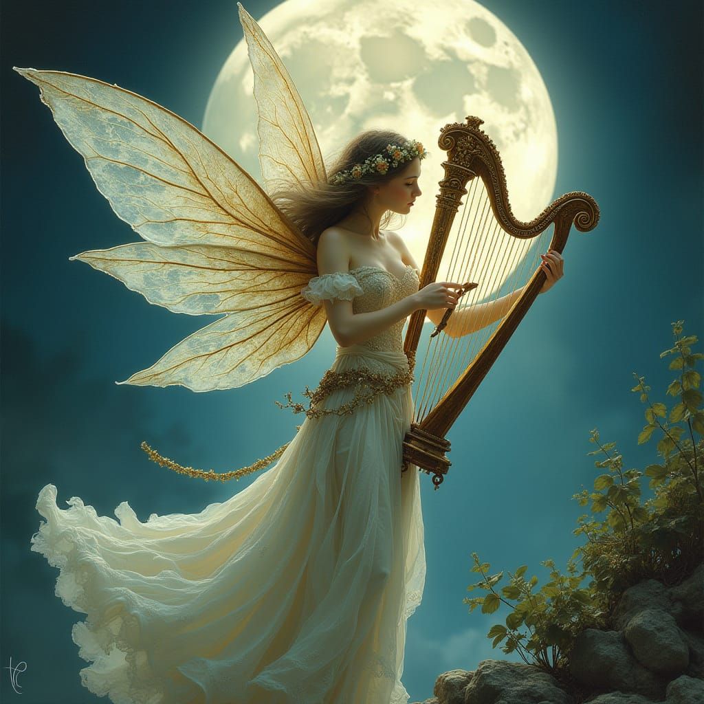 Fairy Playing Harp and Flute Under Full Moon