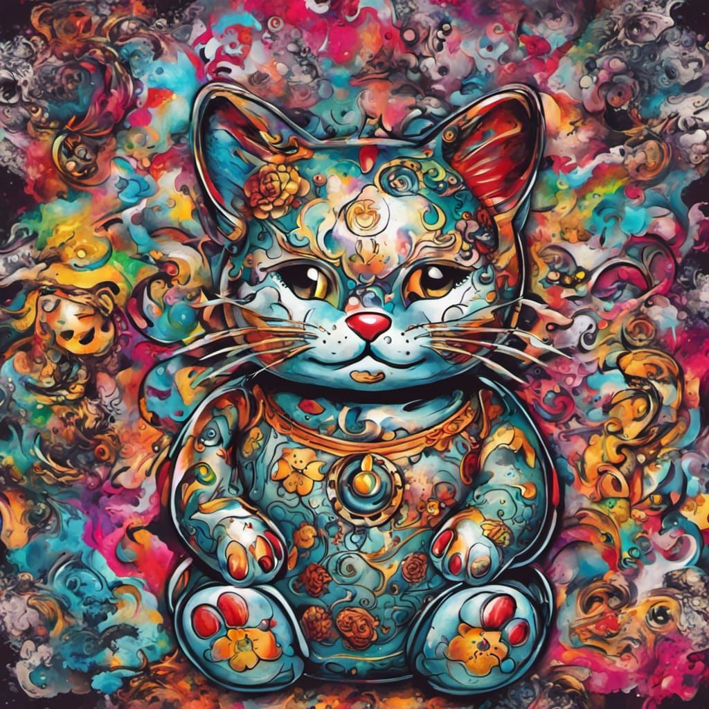 Maneki Neko with Sugar Skulls in Graffiti Style