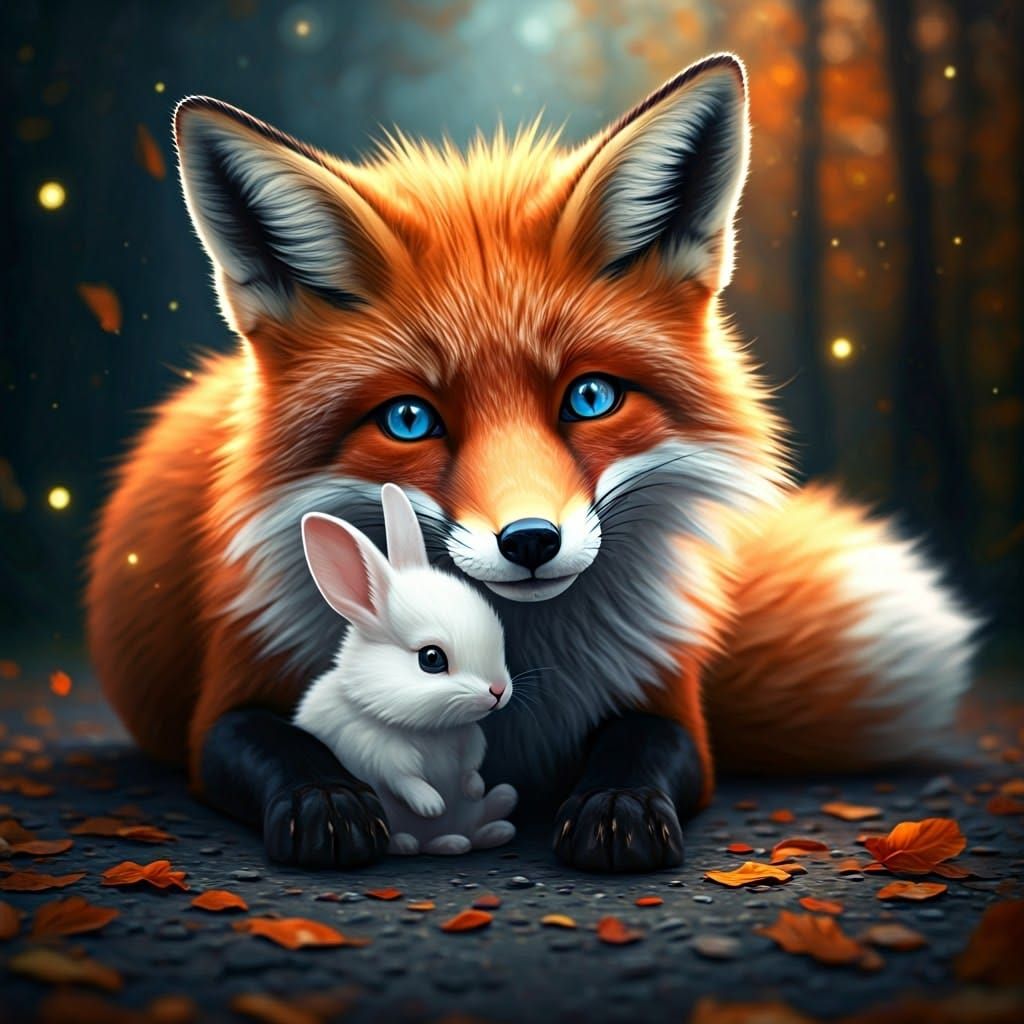 Adorable cute happy fox hugging a white baby bunny