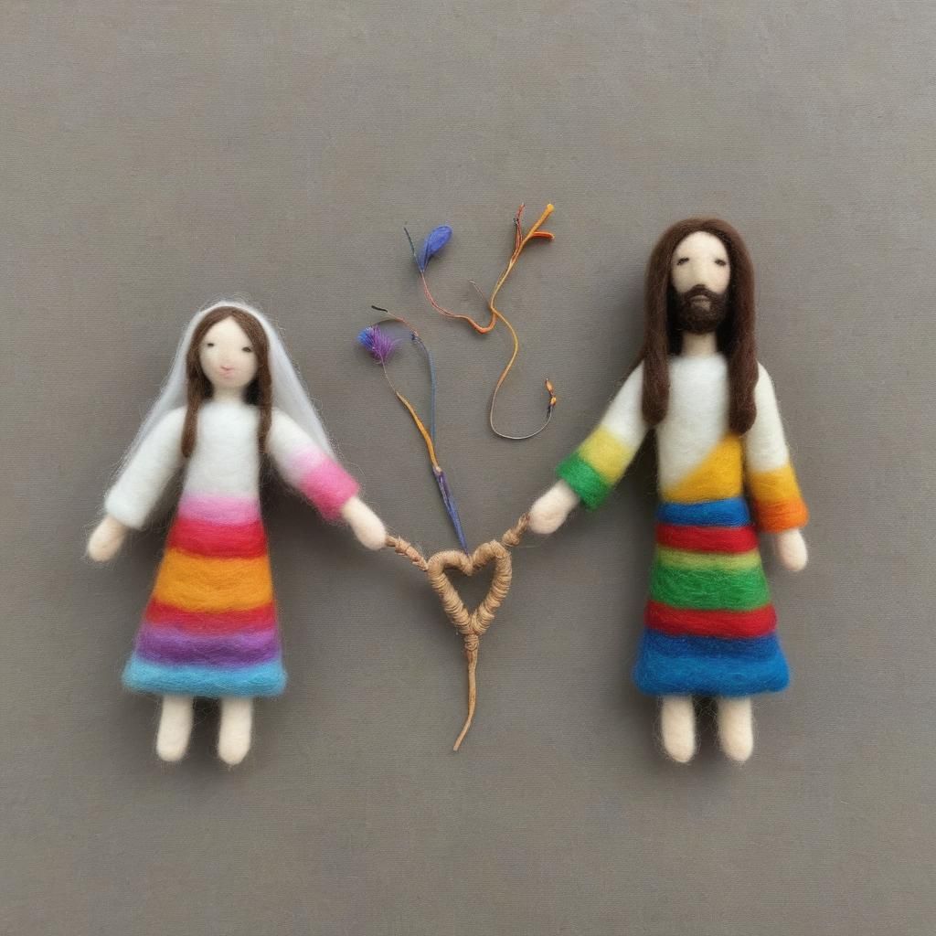 Colorful Felted Jesus and Mary Magdalene Holding Hands