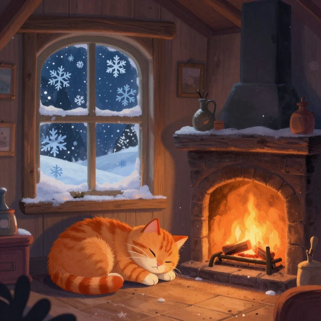 Cozy Winter Cottage with Cat by Fireplace