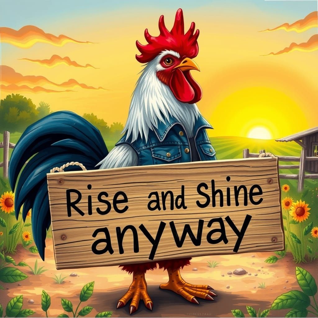 Rooster in Denim Vest with Motivational Sign