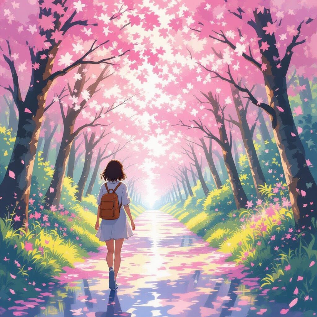 Woman in Cherry Blossom Forest, Anime Style
