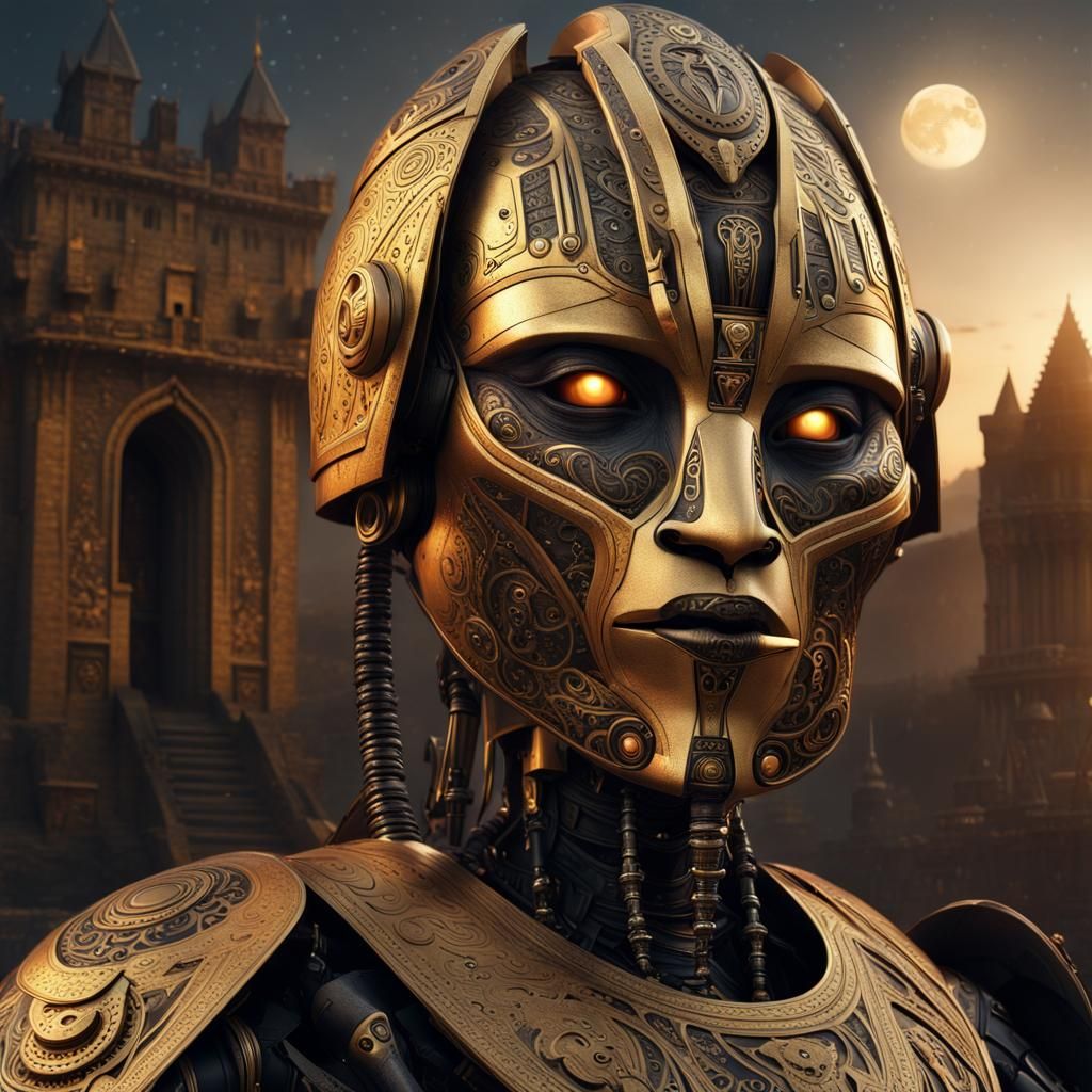 Medieval Sci-Fi Robot Portrait: Gold and Black