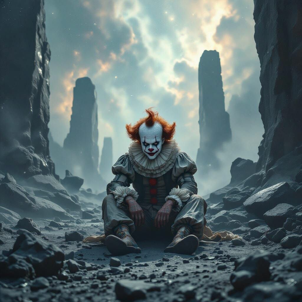 Melancholic Clown Lost in Cosmic Void and Lost Civilization