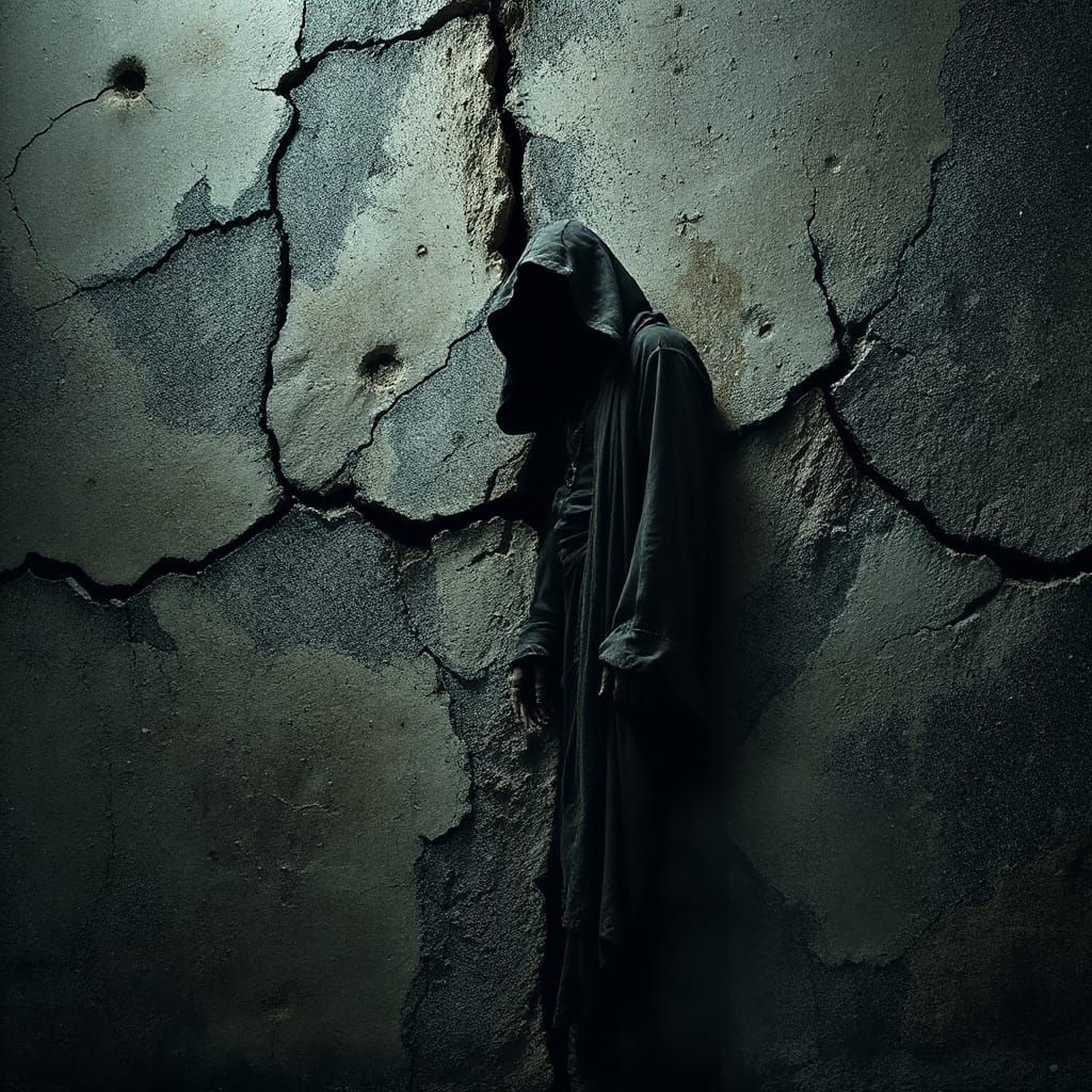 Ancient Stone Wall with Mystical Figure in Tenebrous Light