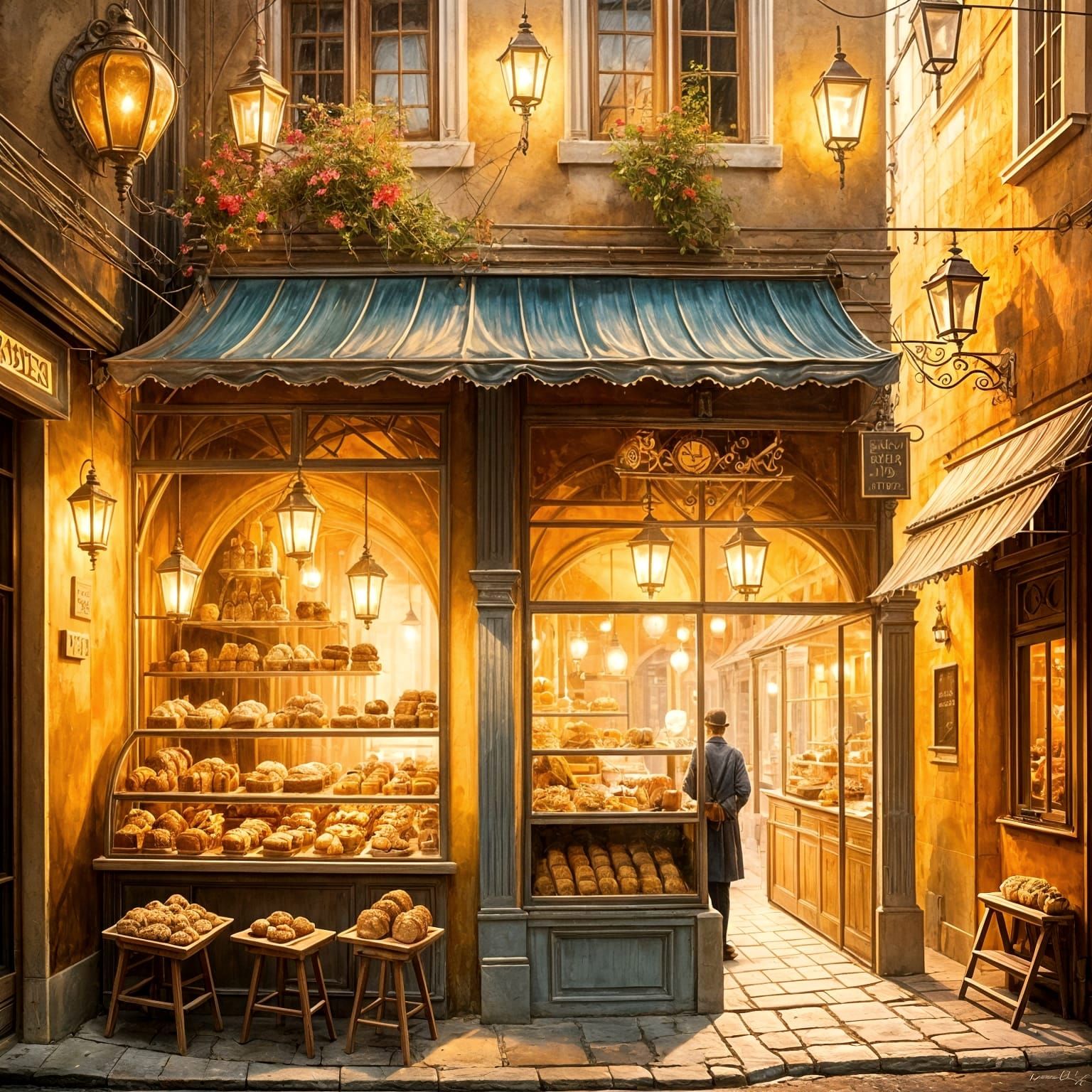Surreal Bakery Scene under Golden Glow