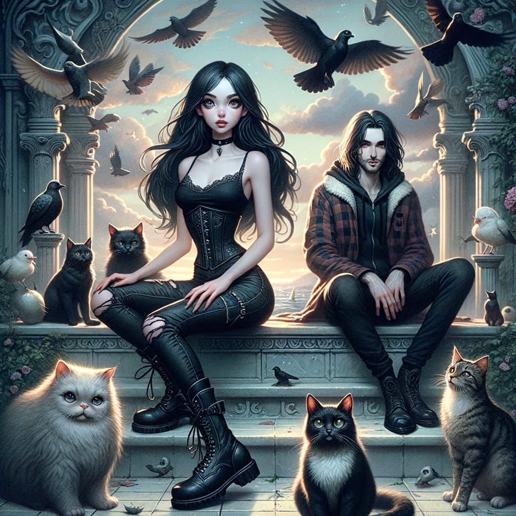 Victorian Gothic Concept Art: Attractive Couple with Cats an...
