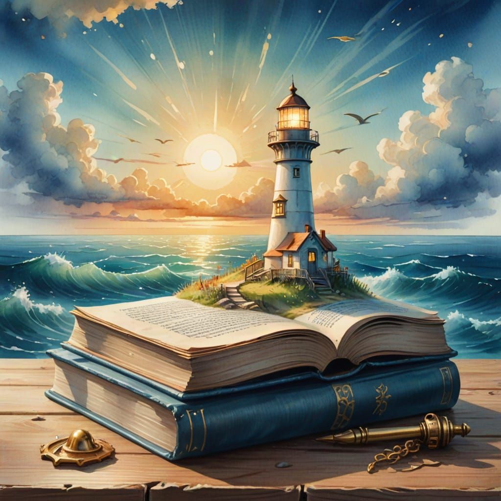 Magical Lighthouse Emerges from Book: Watercolor Fantasy