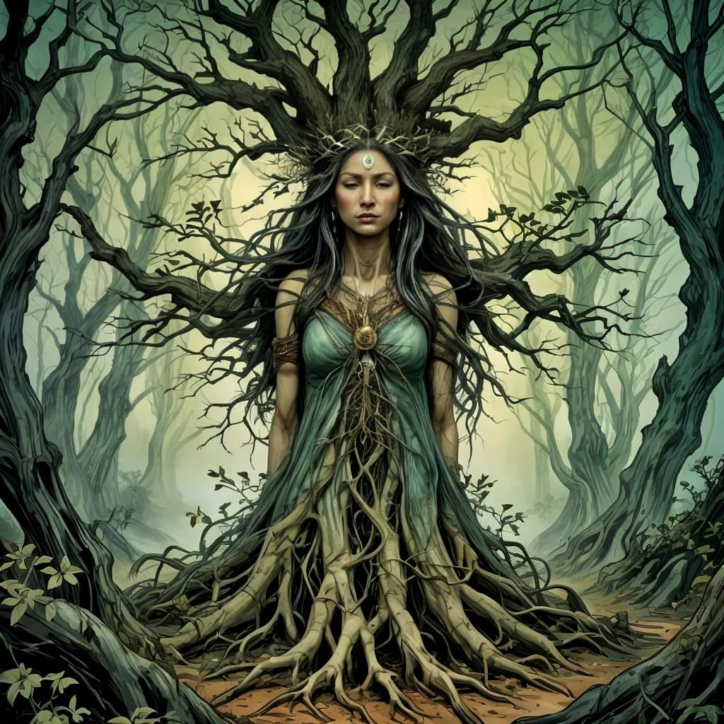 Ancient Woman Transforms into Majestic Tree in a Vibrant For...