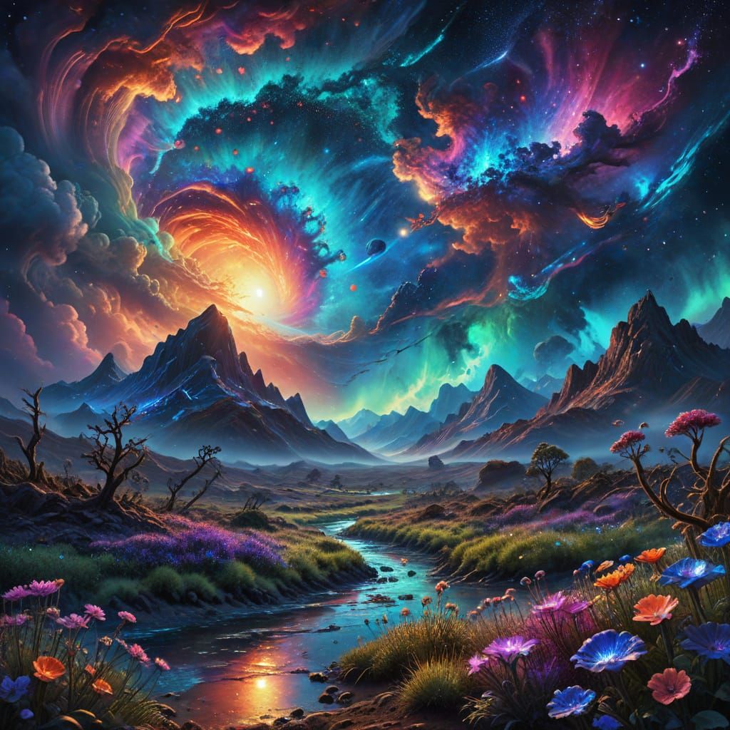 Vibrant Alien Landscape During Cosmic Spring Storm