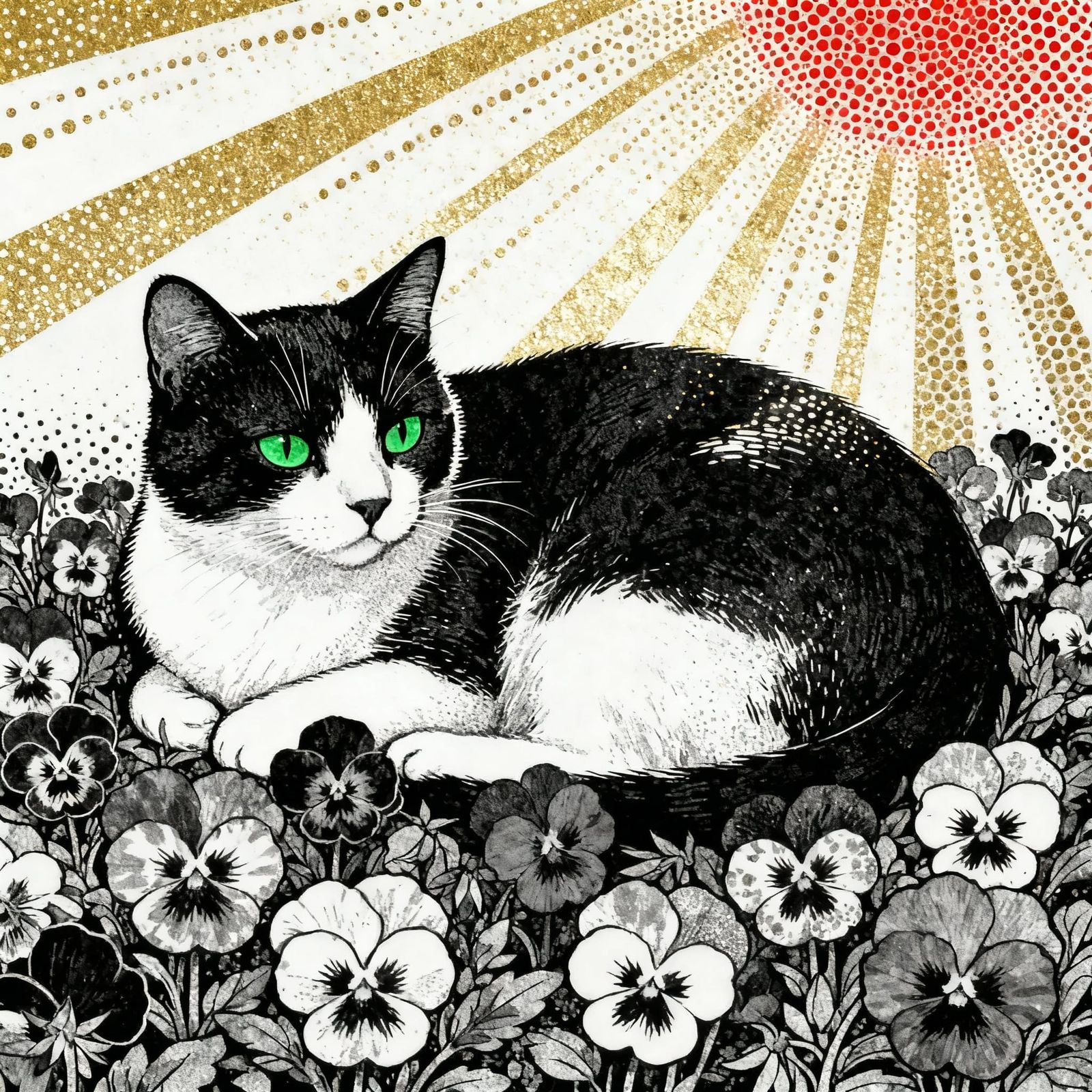 Black Cat Rests in Sunlit Pansies, Abstract Dot Style