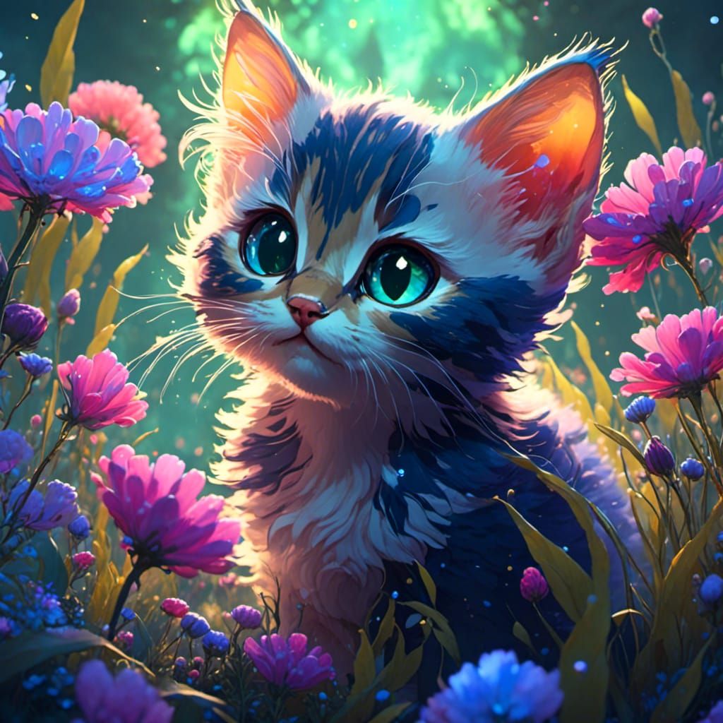 Bioluminescent Kitten with Flowers, Detailed Digital Art