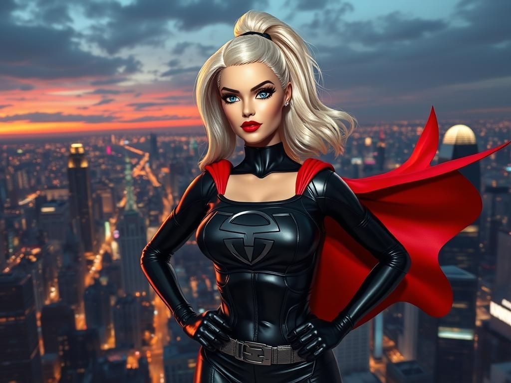 Barbie as a Cyberpunk Superheroine on Skyscraper