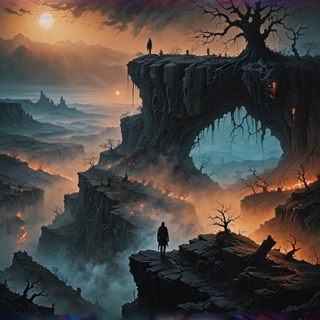 Dark Surrealism: Figure Overlooking Desolate Landscape
