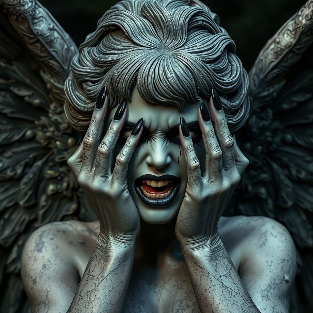 Ethereal Gothic Angel with Tears and Sharp Teeth