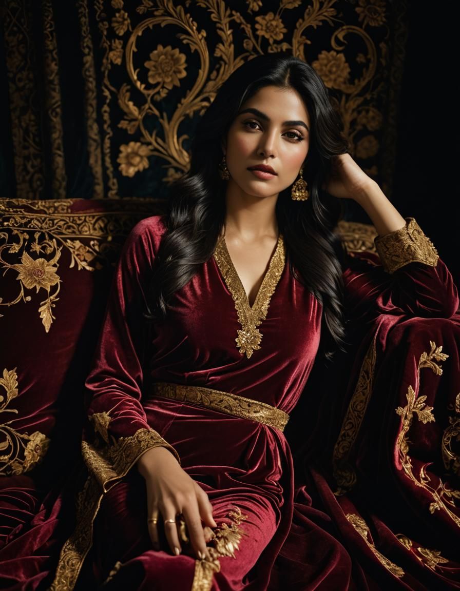 Pakistani Woman Reclining in Velvet, Cinematic Film Aestheti...