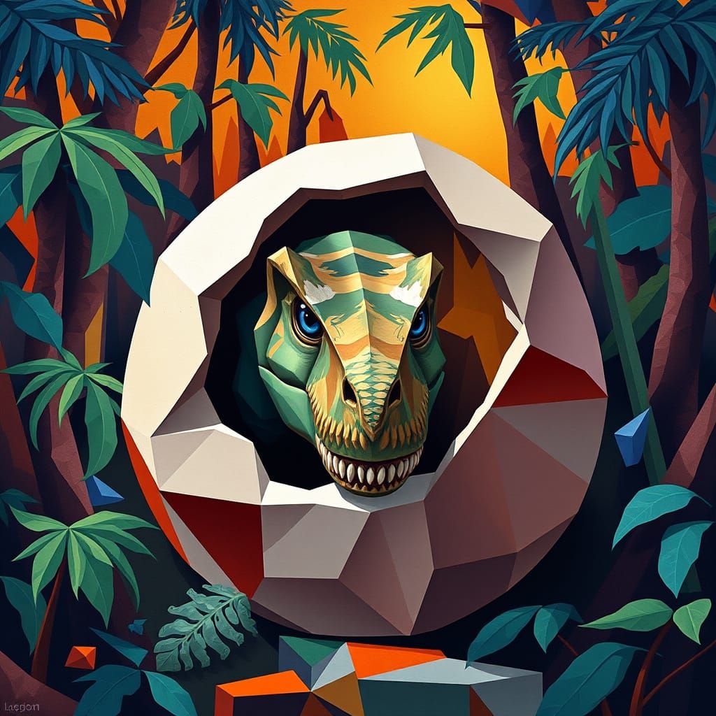 Tyrannosaurus Hatching in Abstract Cubist Style