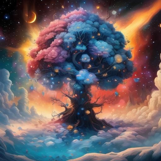 Surreal White Horse and Dream Girl in Starry Sky