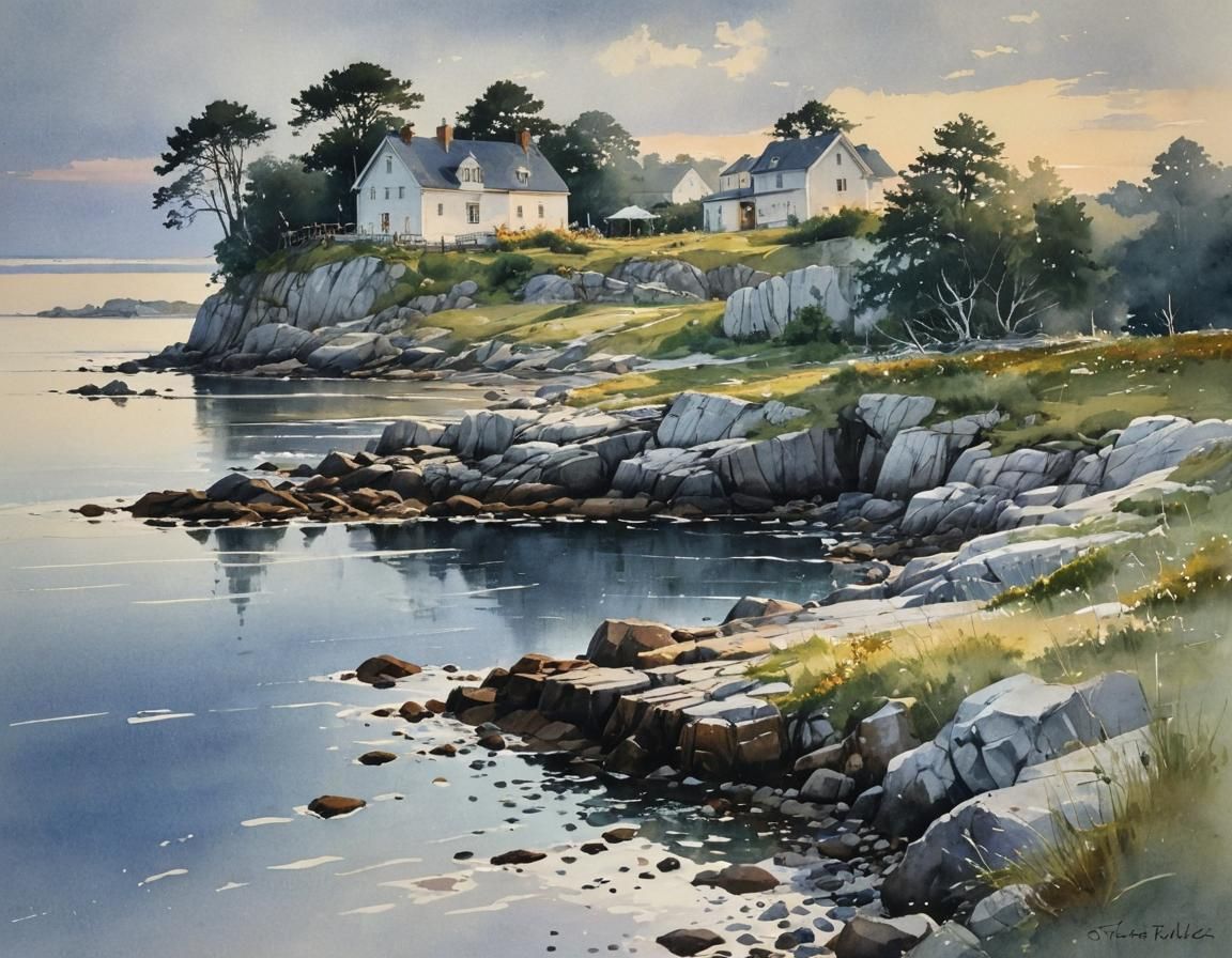 Swedish Archipelago Coast at Dusk: Watercolor Painting