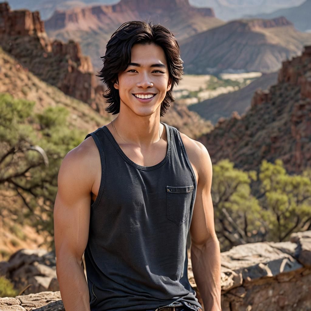 Attractive Teen Boy with Japanese Heritage in Canyon