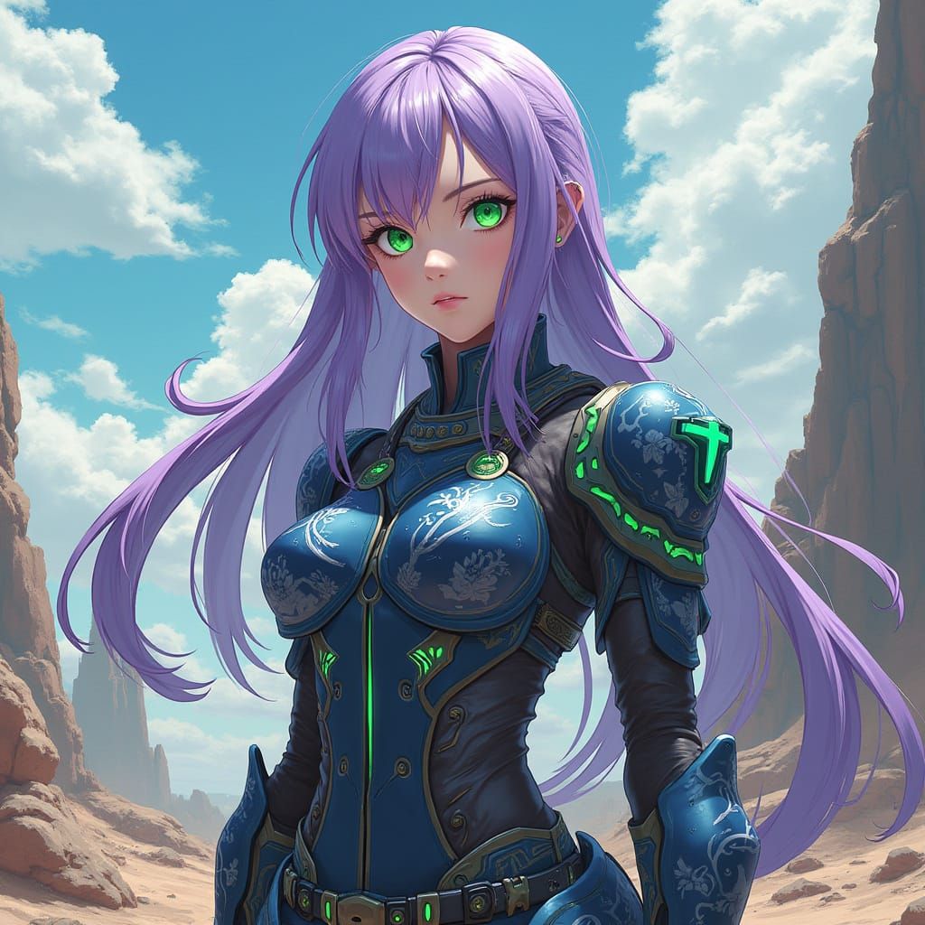 Anime Woman in Wasteland with Futuristic Armor