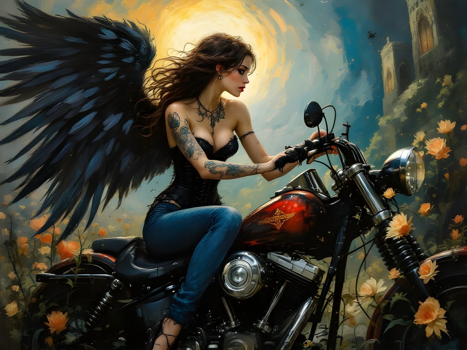 Ethereal Biker Siren in a Radiant, Surreal Landscape