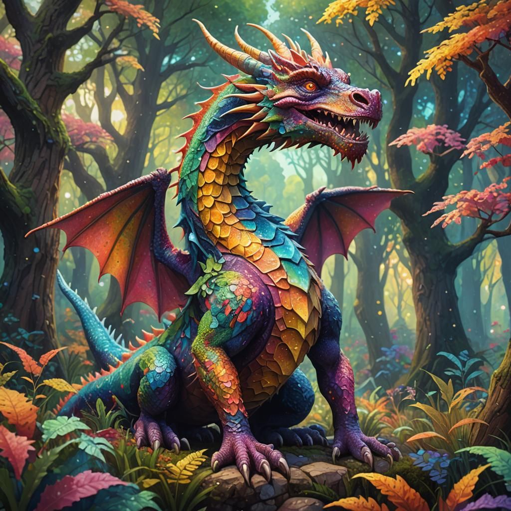 Fantasy Dragon in Mystical Forest: Pointillism Style