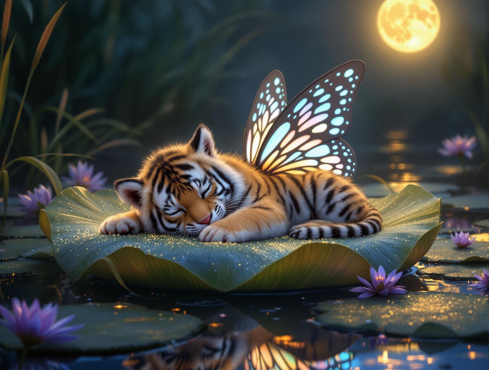 Whimsical Tiger Cub with Bioluminescent Wings on a Moonlit R...