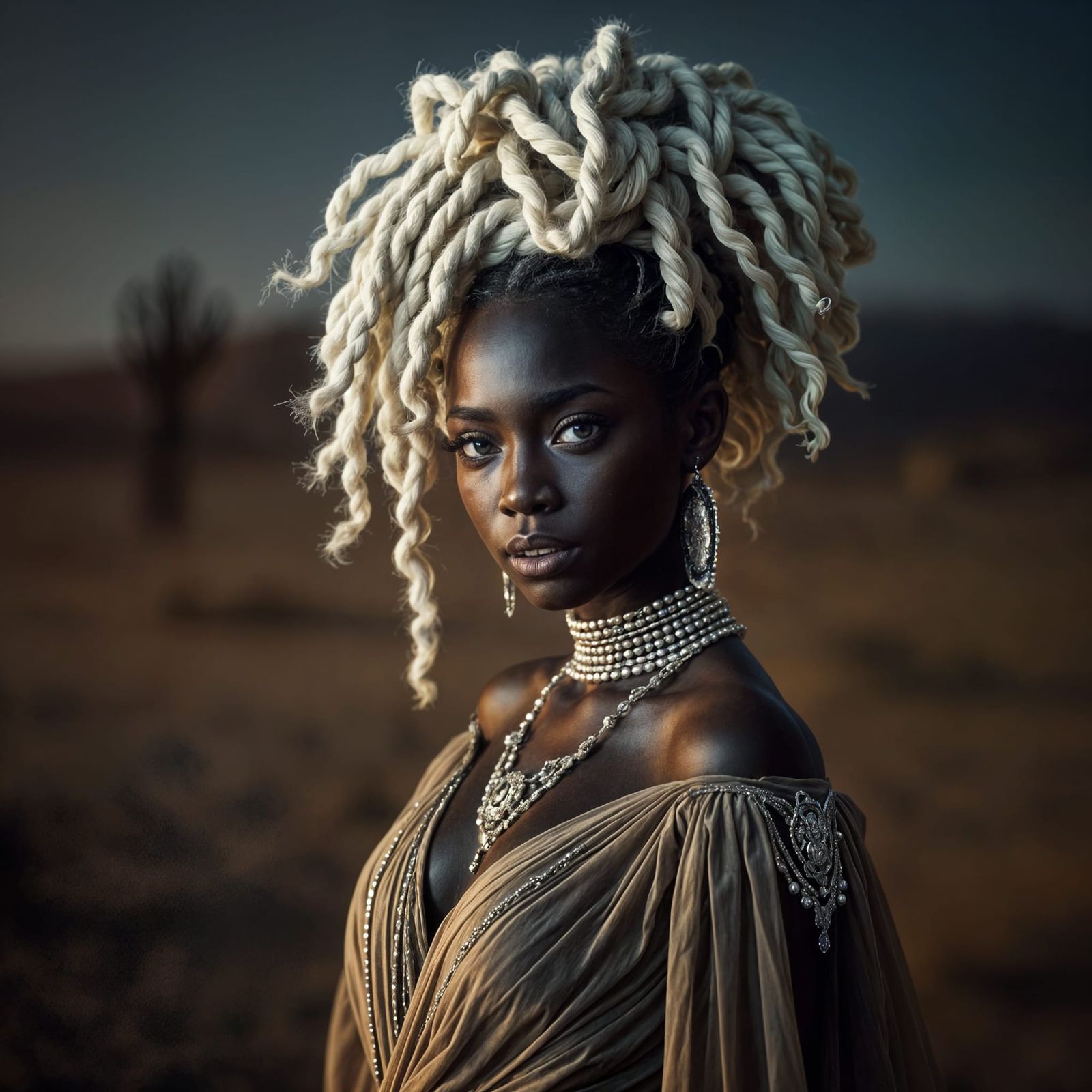 Elegant Woman with Silver Accents in Desert Landscape