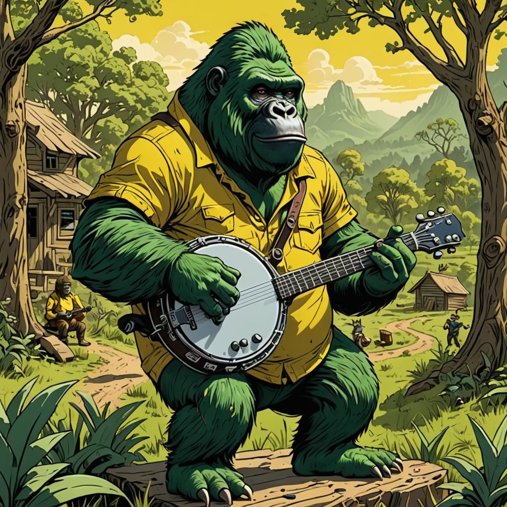 Cartoon Gorilla Plays Banjo on Ranch in Comic Art Style